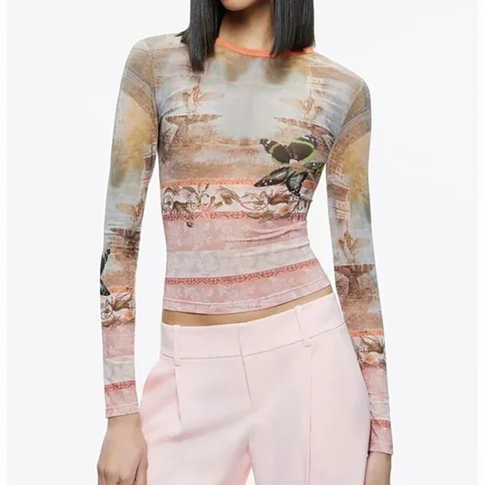 Alice + Olivia Delaina Mesh Top T Shirt Tee Versailles Butterfly Pink M